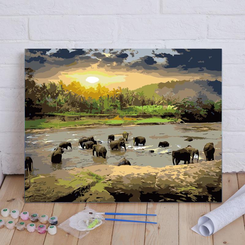 Elephants at Sunset River - 40x50 cm paint by numbers kit