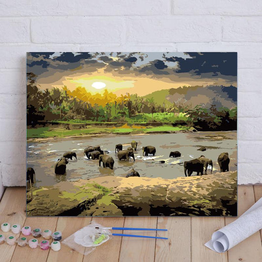 Elephants at Sunset River - 40x50 cm paint by numbers kit
