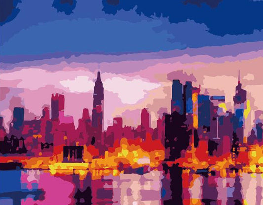 Colorful city skyline reflection on water with a blue sky.