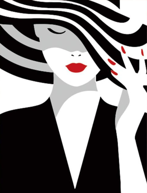 Simplified, stylized illustration of a woman with red lips and black and white hair.