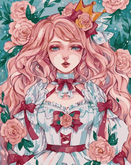 Canvas print of an illustrated girl with pink hair and floral attire