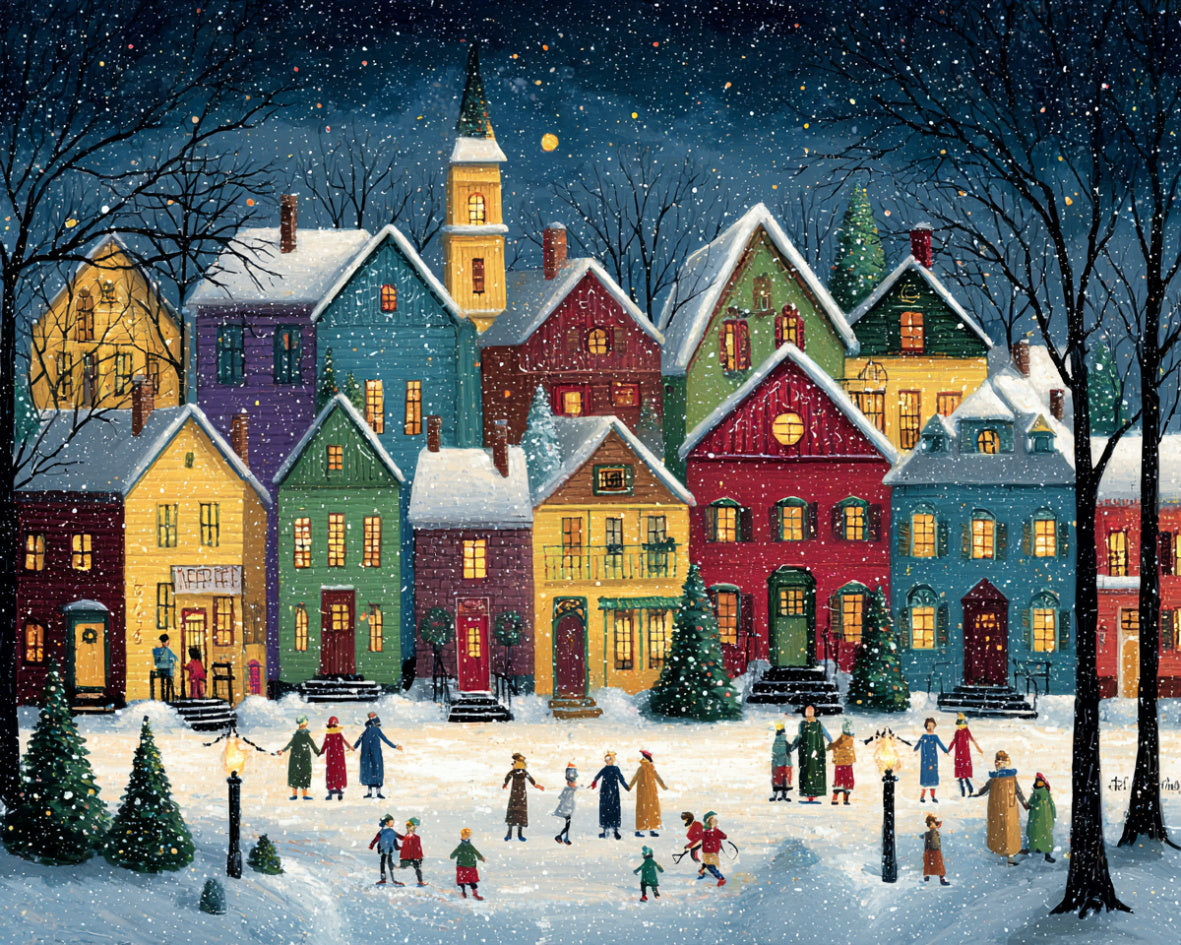 Colorful winter village scene with people skating on an ice rink.