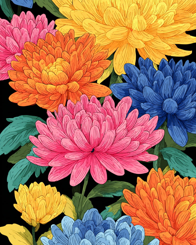 Colorful flowers on a black background