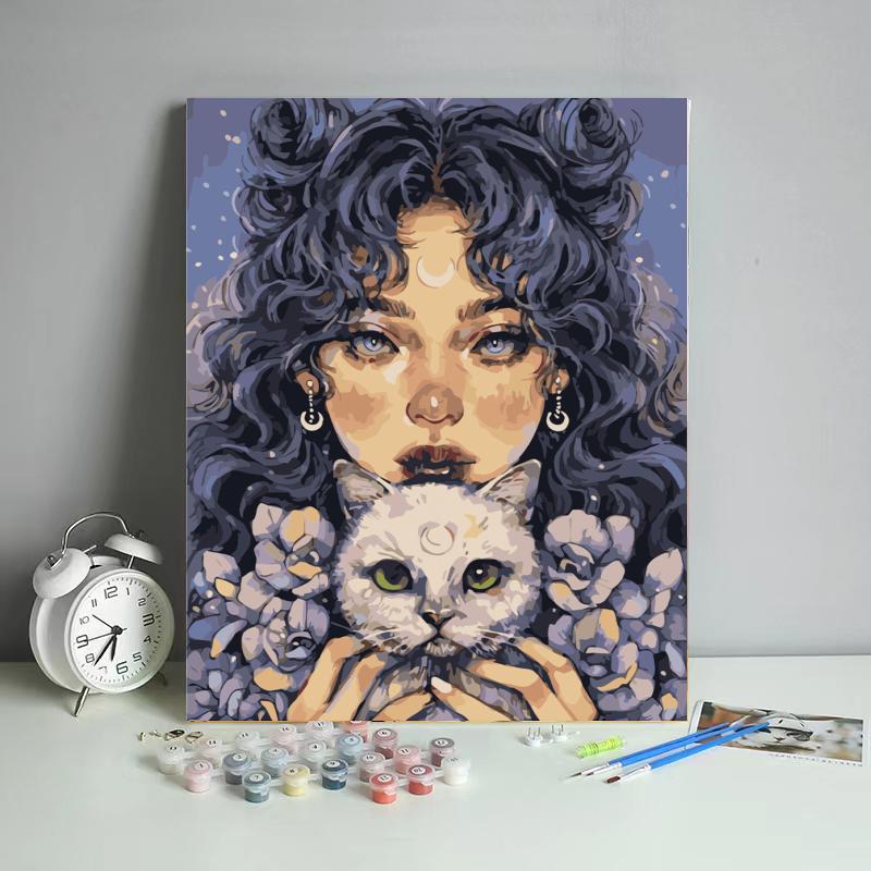 Moonlit Woman and White Cat - 40x50 cm paint by numbers kit