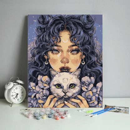 Moonlit Woman and White Cat - 40x50 cm paint by numbers kit