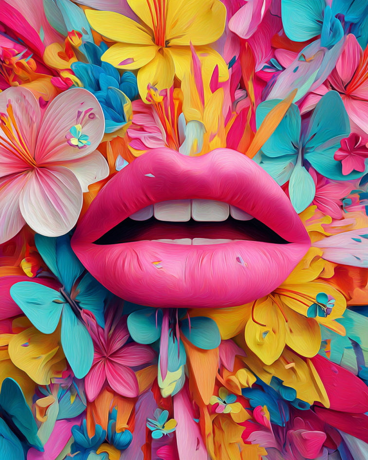 Colorful artwork with pink lips surrounded by flowers and butterflies