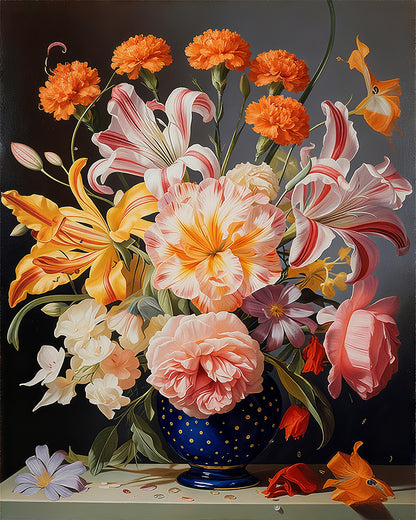 Lilies and Marigolds in Blue Vase - 40x50 cm