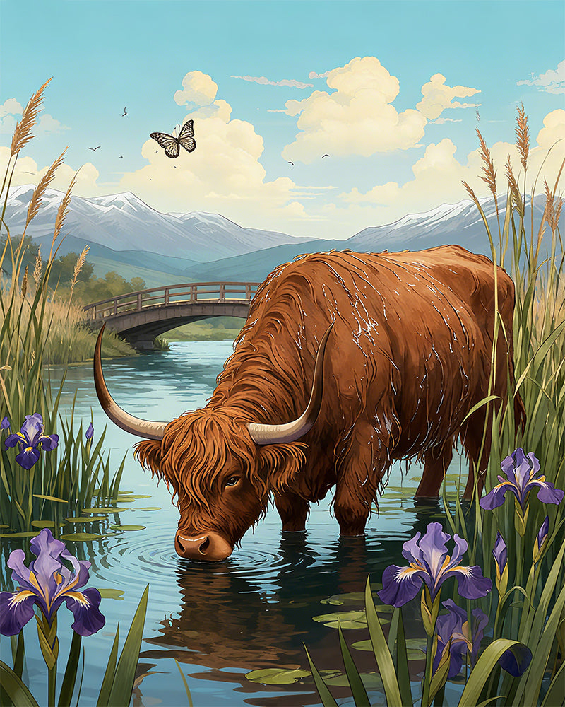 Highland Cow by the Bridge - 40x50 cm