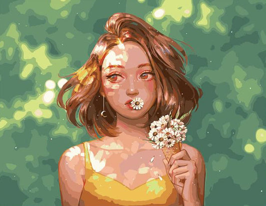 a woman holding flowers on a green background