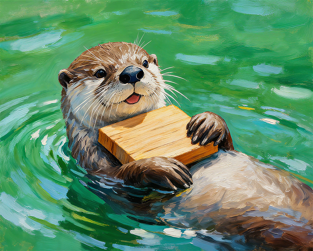 Playful Otter in Green Water - 40x50 cm
