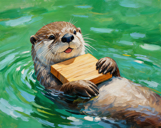 Playful Otter in Green Water - 40x50 cm