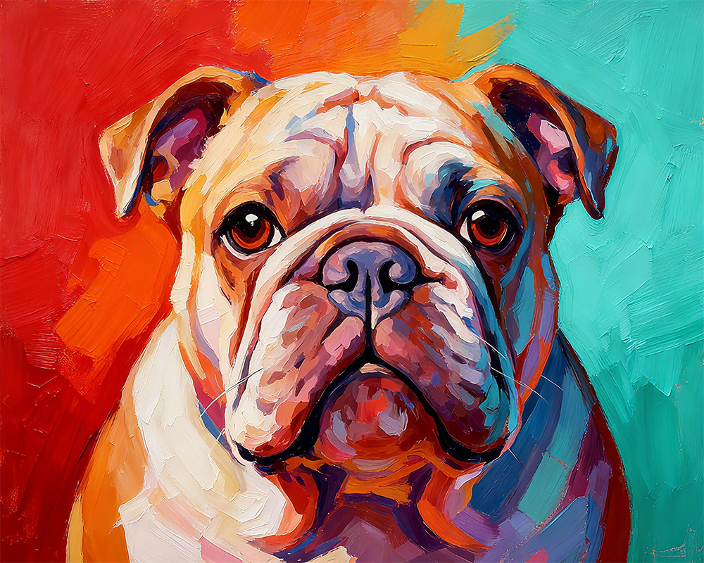 Colorful painting of a bulldog's face on a multicolored background