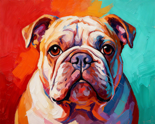 Colorful painting of a bulldog's face on a multicolored background