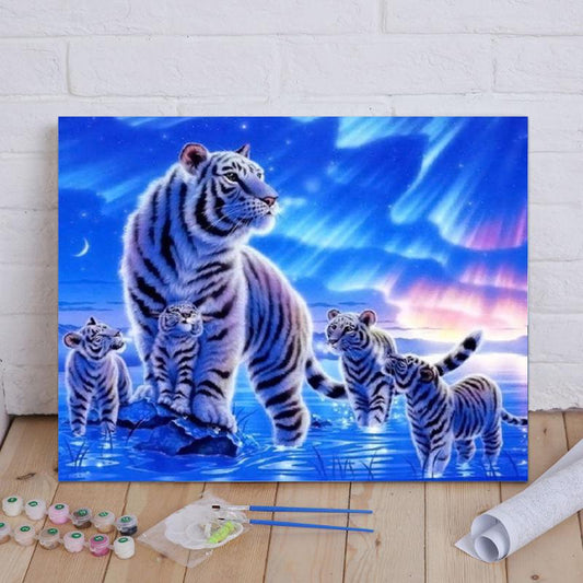 White Tigers Under Northern Lights - 40x50 cm paint by numbers kit