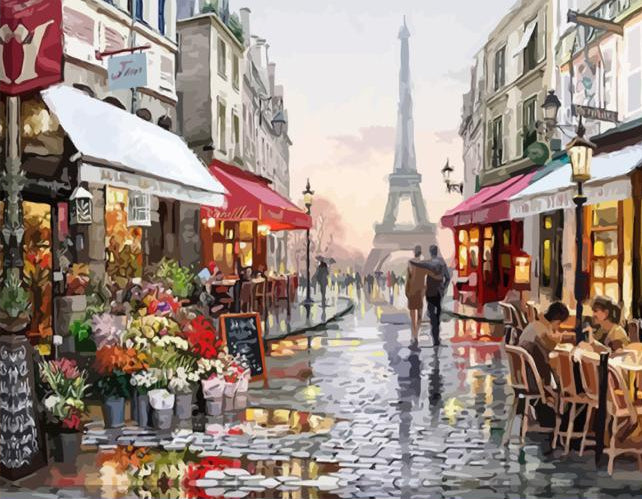 Street scene in Paris with Eiffel Tower in the background