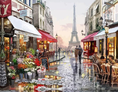 Street scene in Paris with Eiffel Tower in the background