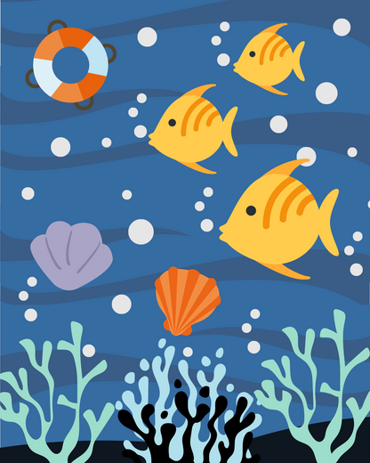 Cartoon underwater scene with yellow fish, a life buoy, shells, and coral.
