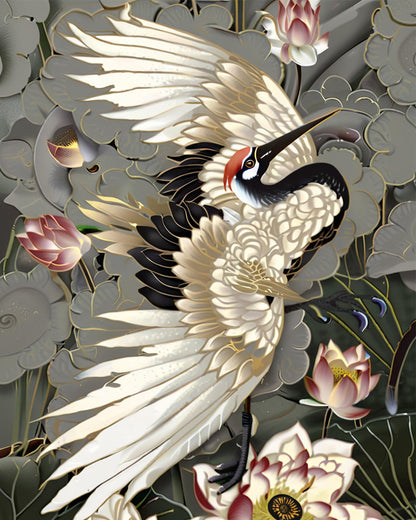 Ivory Crane Among Lotuses - 40x50 cm