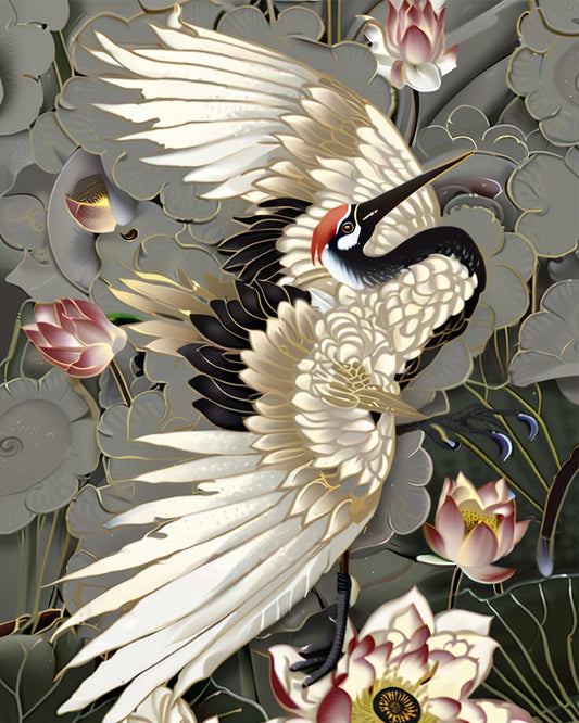 Ivory Crane Among Lotuses - 40x50 cm