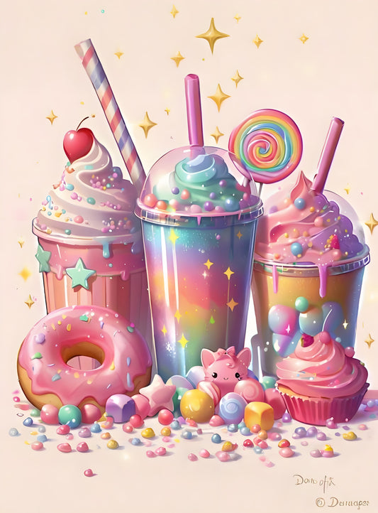 Colorful illustration of ice cream cups, donuts, and a pink creature on a light pink background.