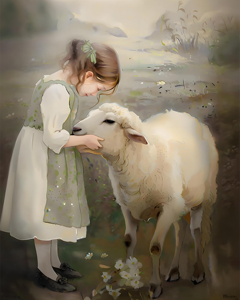 Girl with Gentle Lamb - 40x50 cm