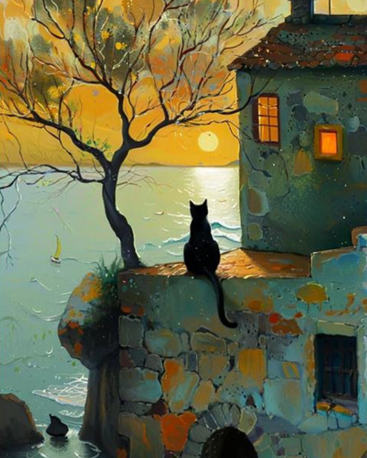 Black Cat by Sunset Wall - 40x50 cm