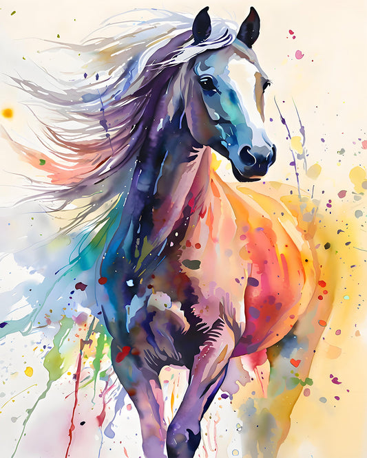 Colorful abstract painting of a horse with splashes of paint on a light background