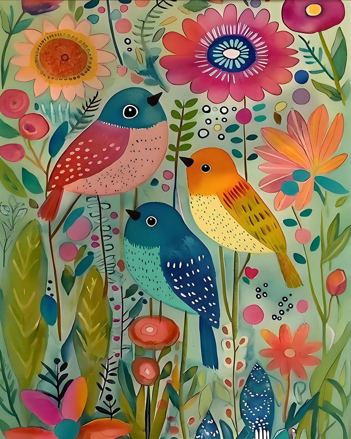 Colorful illustration of birds and flowers on a green background