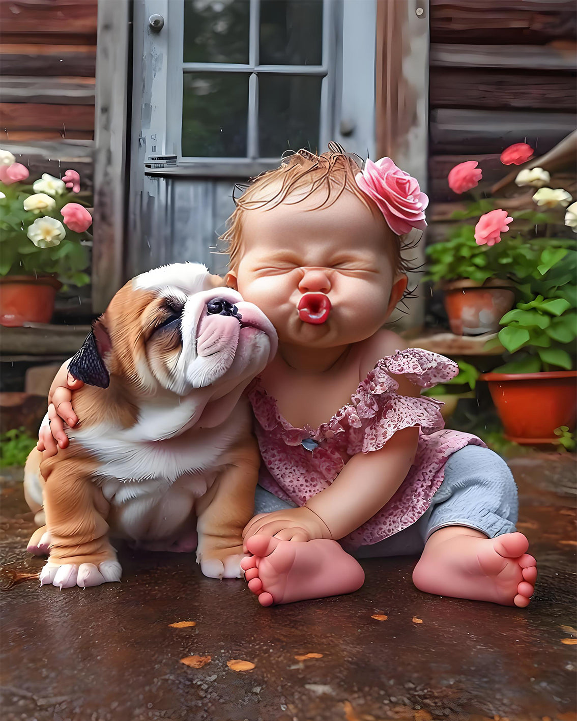 Baby and Bulldog Kiss