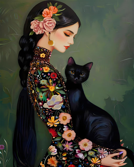 Floral Lady with Black Cat - 40x50 cm