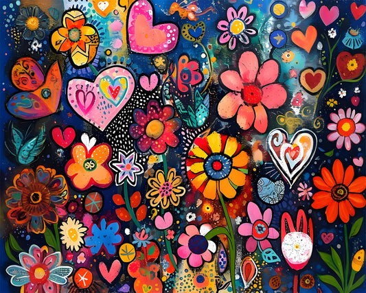 Colorful abstract design with flowers and hearts on a dark background