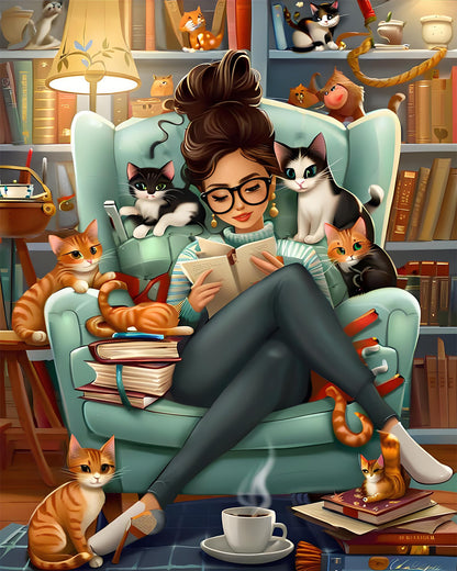 Cozy Cat Reader Paint by Numbers Kit