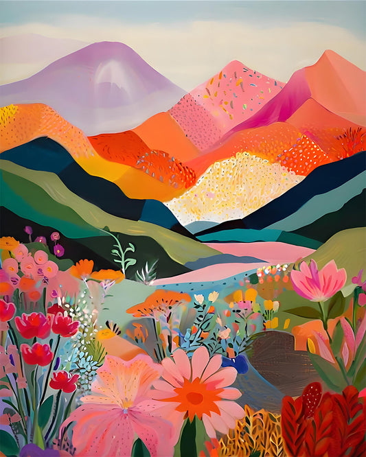 Colorful landscape with mountains and flowers