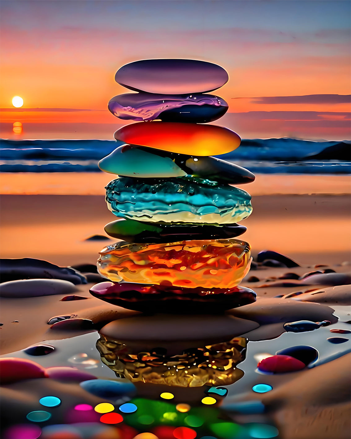 Stack of colorful stones on a beach with a sunset in the background