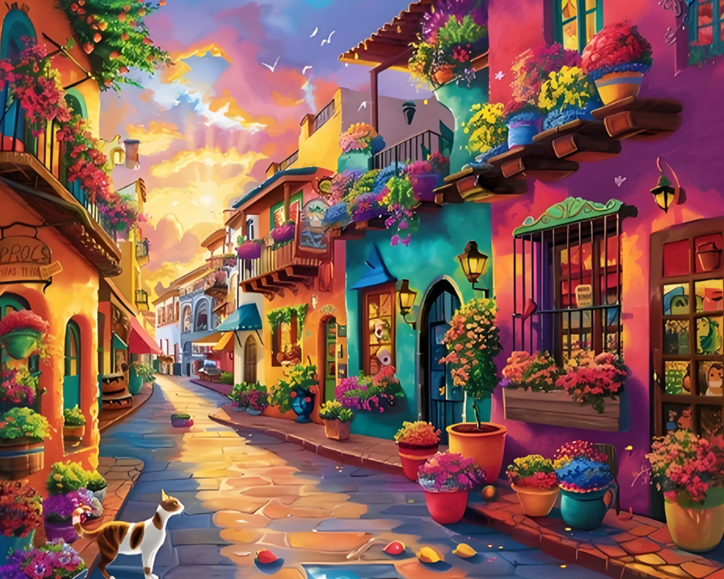 Colorful animated street scene with buildings, flowers, and a cat.