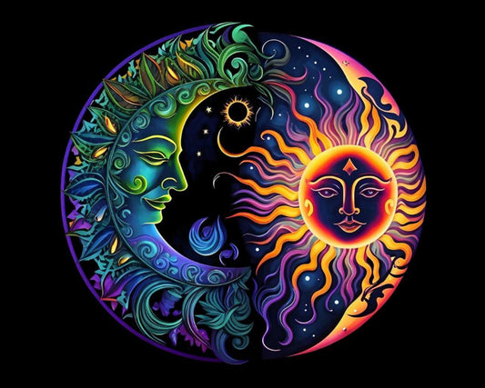 Colorful sun and moon design with faces on a black background
