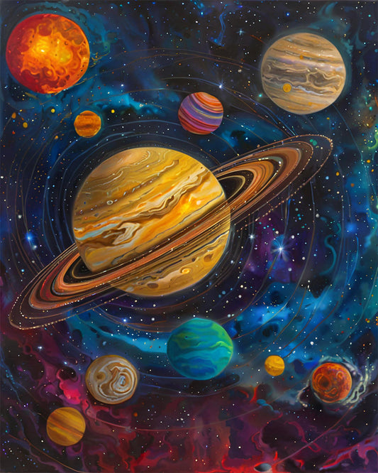 Colorful illustration of planets in space with a starry background