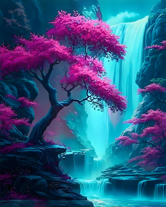 Fantasy landscape with pink trees and a waterfall