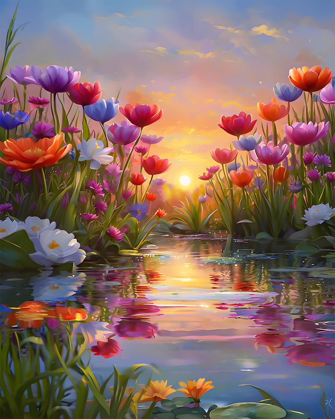 Colorful flowers by a pond with a sunset reflection