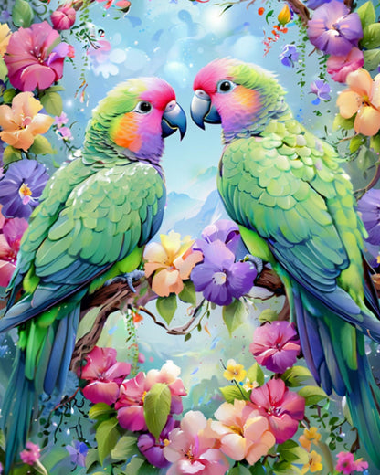 Two colorful parrots perched on a branch surrounded by flowers in a vibrant setting