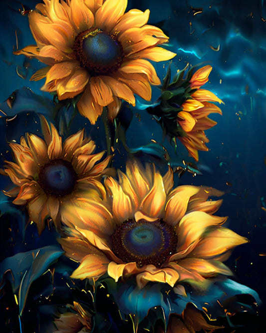 Three sunflowers with a blue background