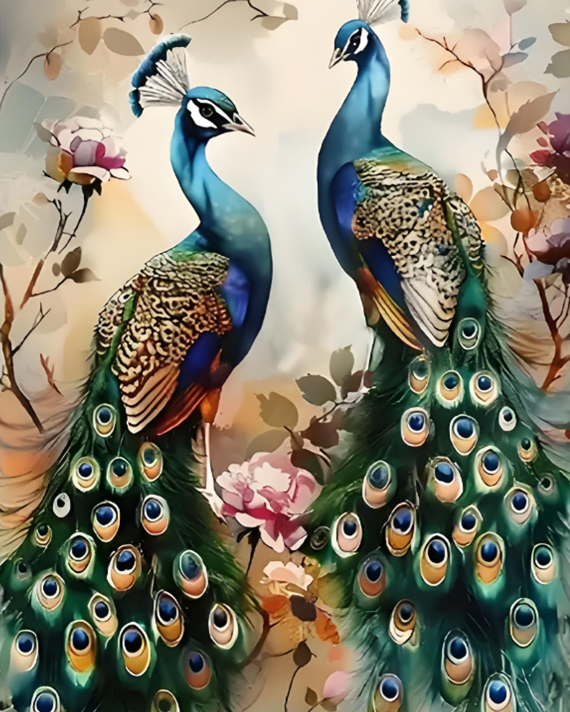 Two peacocks with vibrant feathers against a floral background
