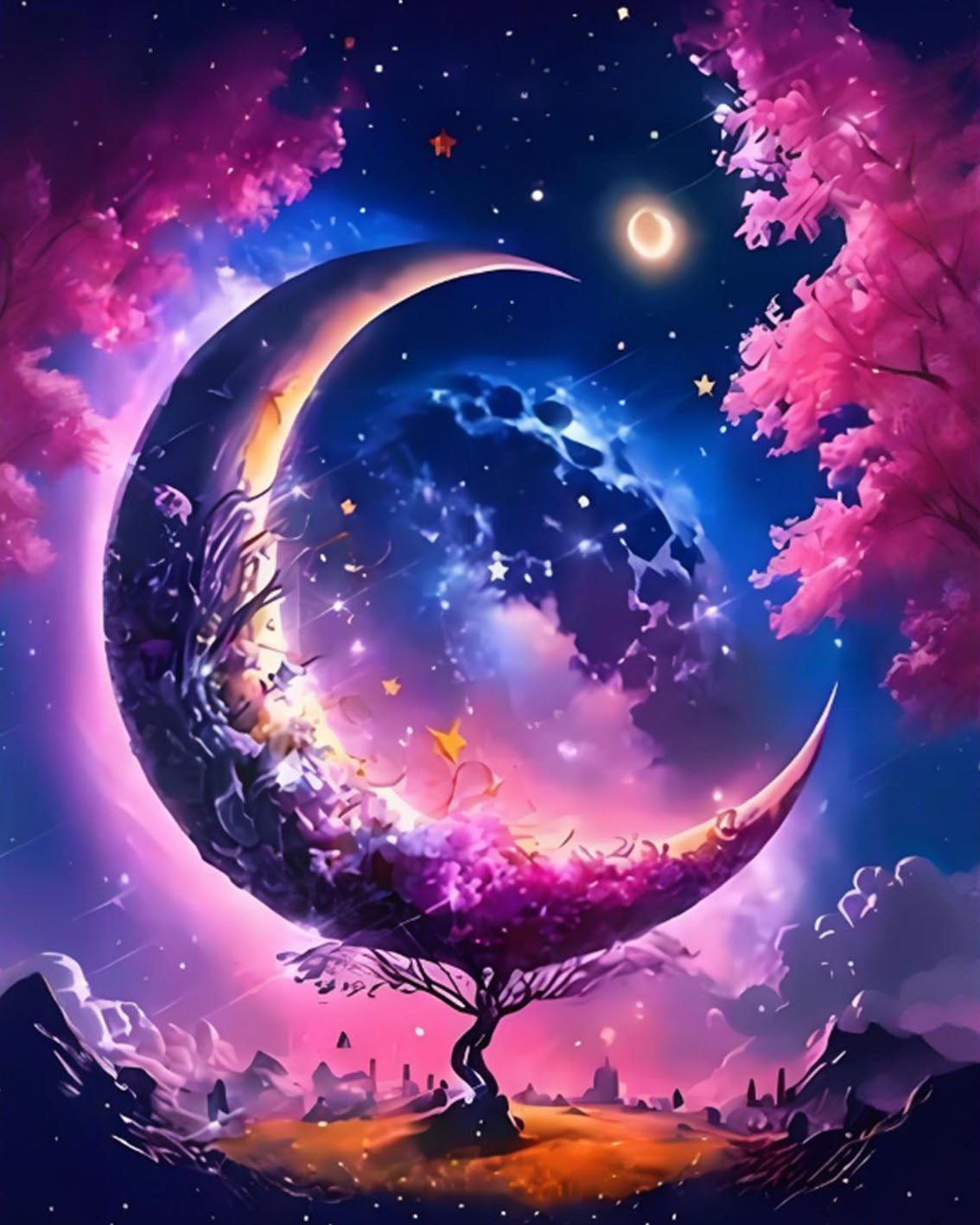 Fantasy landscape with a large moon, tree, and starry sky.