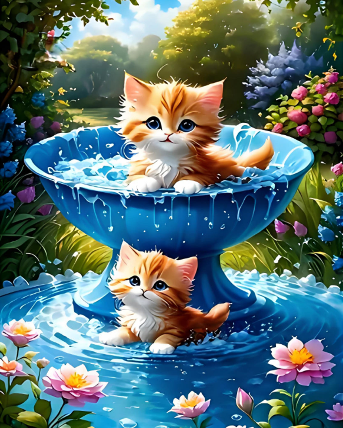 Kittens in Blue Fountain - 40x50 cm