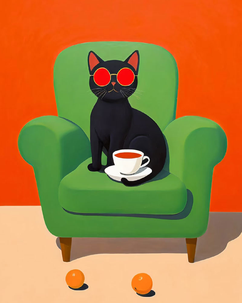 Coffee Cat in Green Chair - 40x50 cm