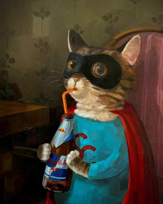 Superhero Cat with Drink - 40x50 cm