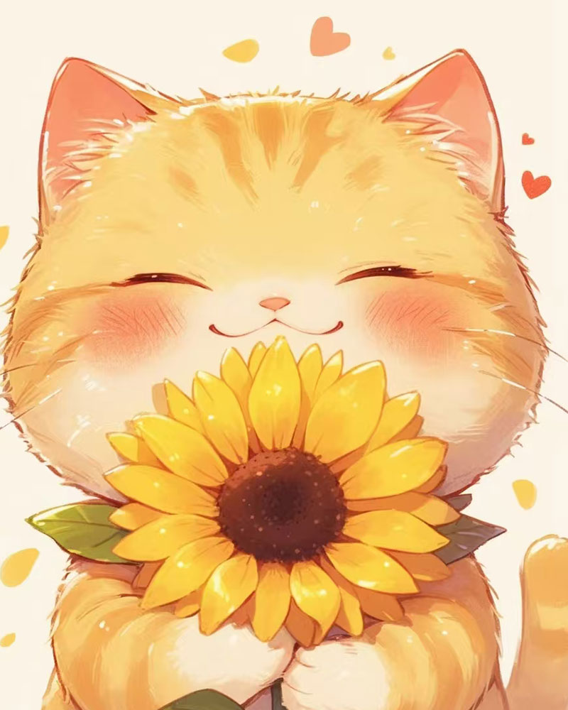 Smiling Cat with Sunflower - 40x50 cm