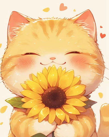 Smiling Cat with Sunflower - 40x50 cm