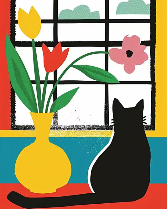 Tulips by the Window Cat - 40x50 cm