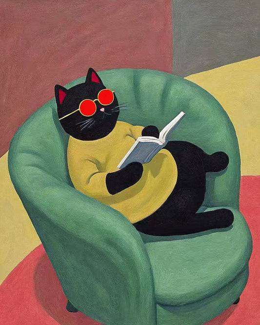 Reading Cat in Green Chair - 40x50 cm